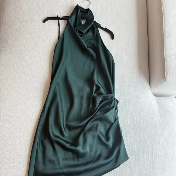 Gianni Bini Peyton Emerald Green Satin Backless Halter Mini Holiday Dress - Picture 2 of 4